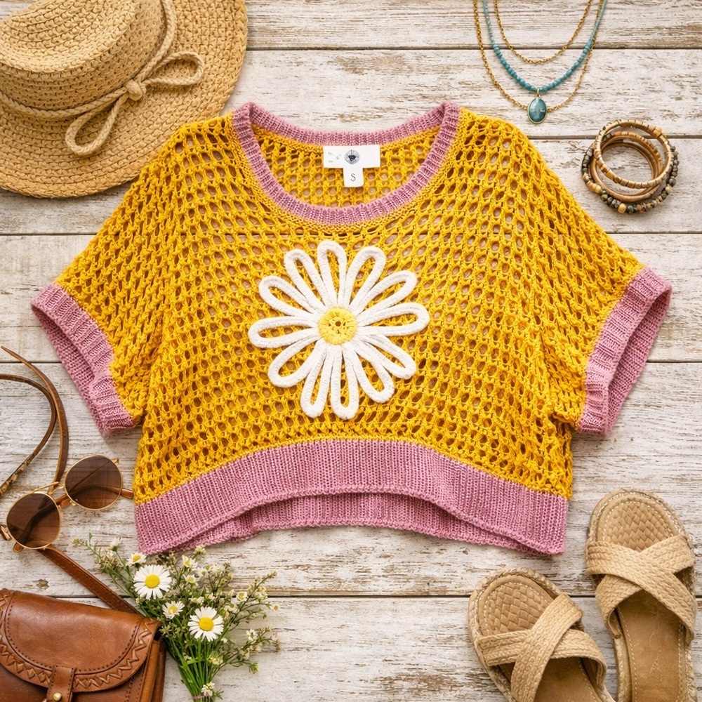 POL Daisy Sweater Open Weave Crochet Boho Knit Yellow Small NWT Festival - Picture 2 of 8
